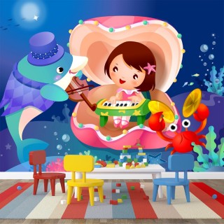 Girl Room Playing Piano in Shell with Dolphin and Crab Wall Poster